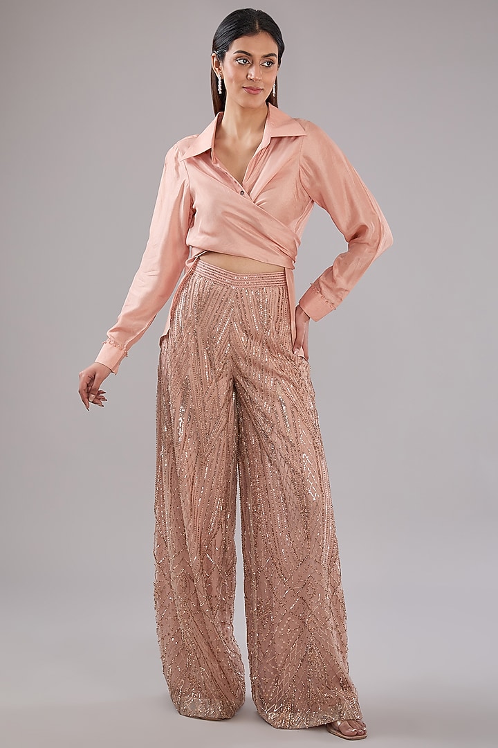 Peach Viscose Sequins Embroidered Pant Set by Anjali Kanwar at Pernia's Pop Up Shop