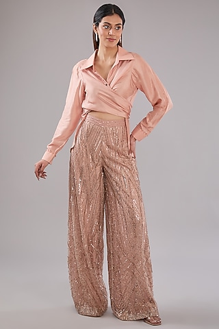 Peach Viscose Sequins Embroidered Pant Set by Anjali Kanwar