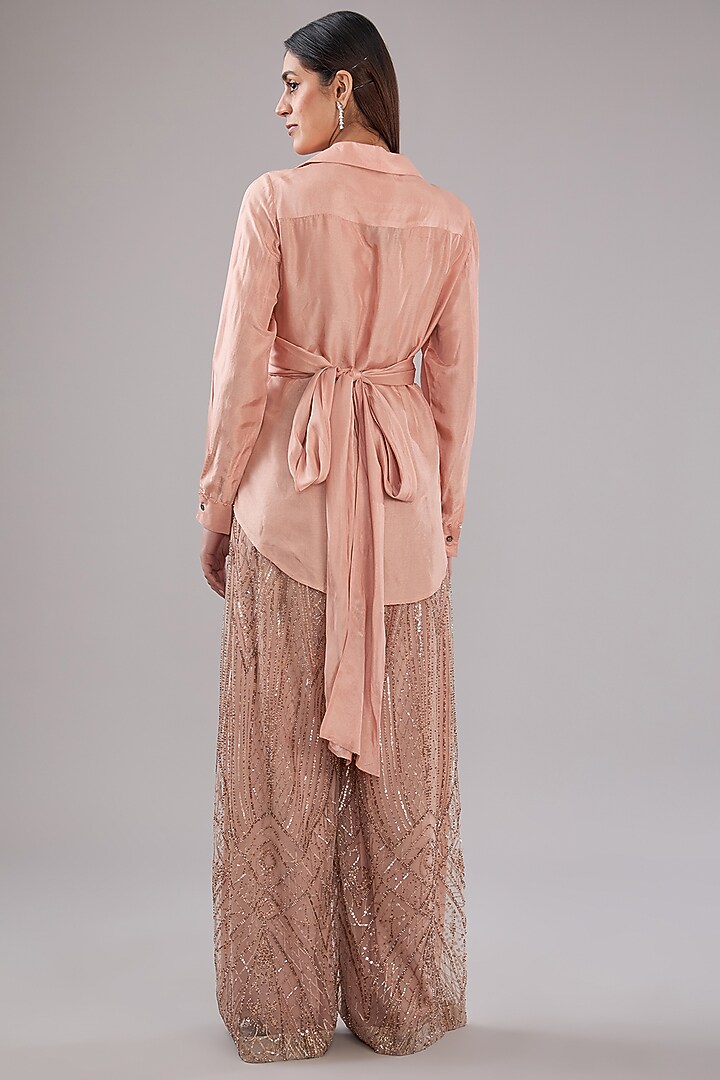 Peach Viscose Sequins Embroidered Pant Set by Anjali Kanwar at Pernia's Pop Up Shop