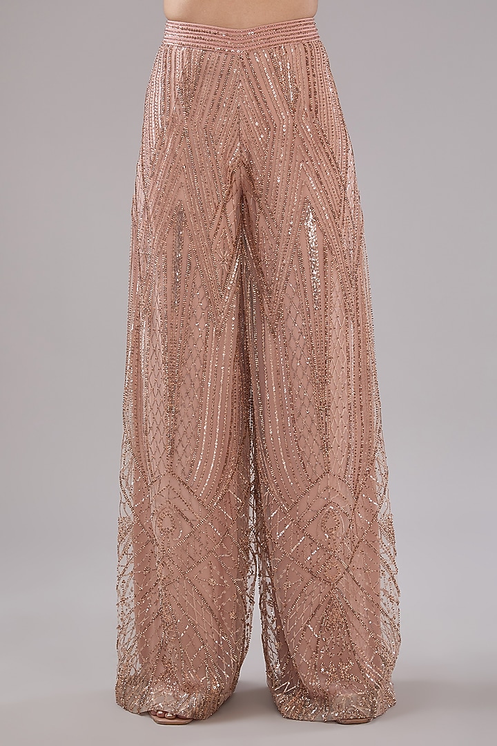 Peach Viscose Sequins Embroidered Pant Set by Anjali Kanwar at Pernia's Pop Up Shop