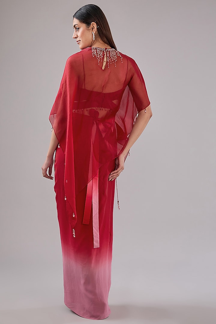Red Organza Glass Beads Embroidered Cape Set by Anjali Kanwar at Pernia's Pop Up Shop