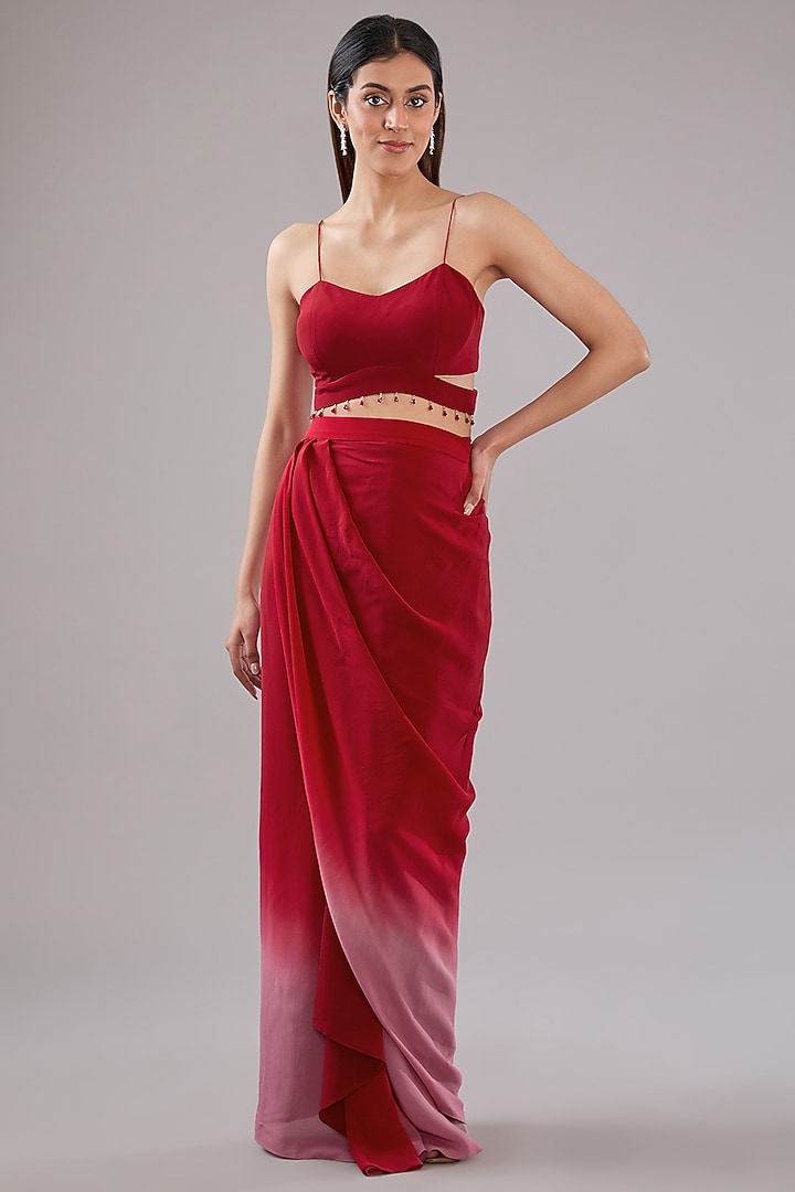 Red Organza Glass Beads Embroidered Cape Set by Anjali Kanwar at Pernia's Pop Up Shop