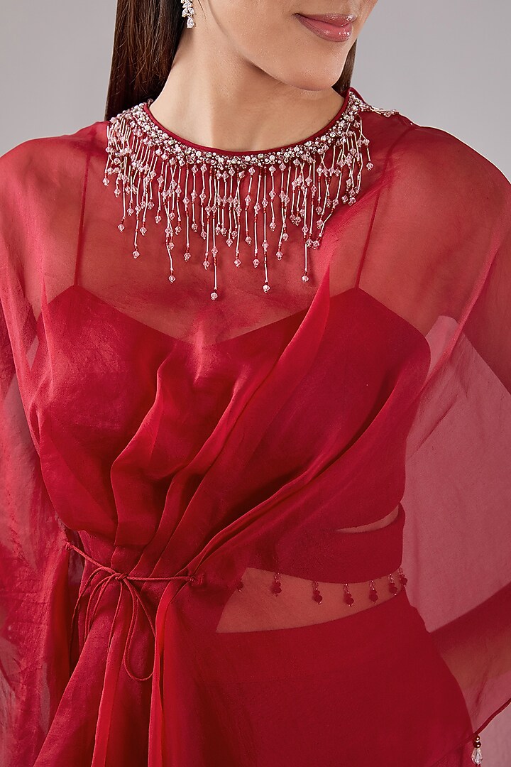 Red Organza Glass Beads Embroidered Cape Set by Anjali Kanwar at Pernia's Pop Up Shop