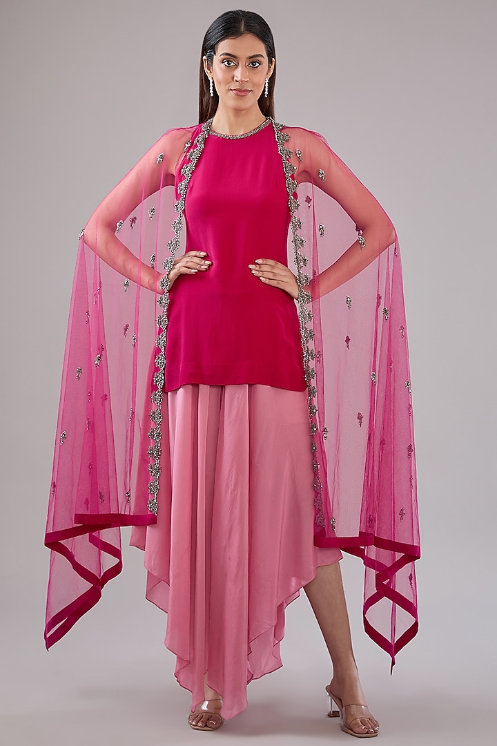 Pink Tulle Crystal Beads Embroidered Cape Set by Anjali Kanwar