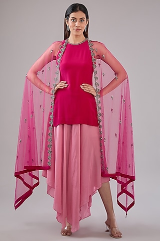 Pink Tulle Crystal Beads Embroidered Cape Set by Anjali Kanwar