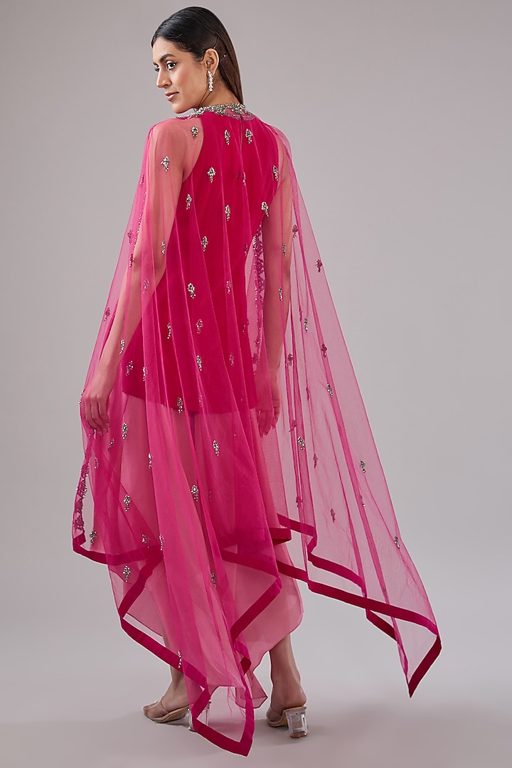 Pink Tulle Crystal Beads Embroidered Cape Set by Anjali Kanwar at Pernia's Pop Up Shop
