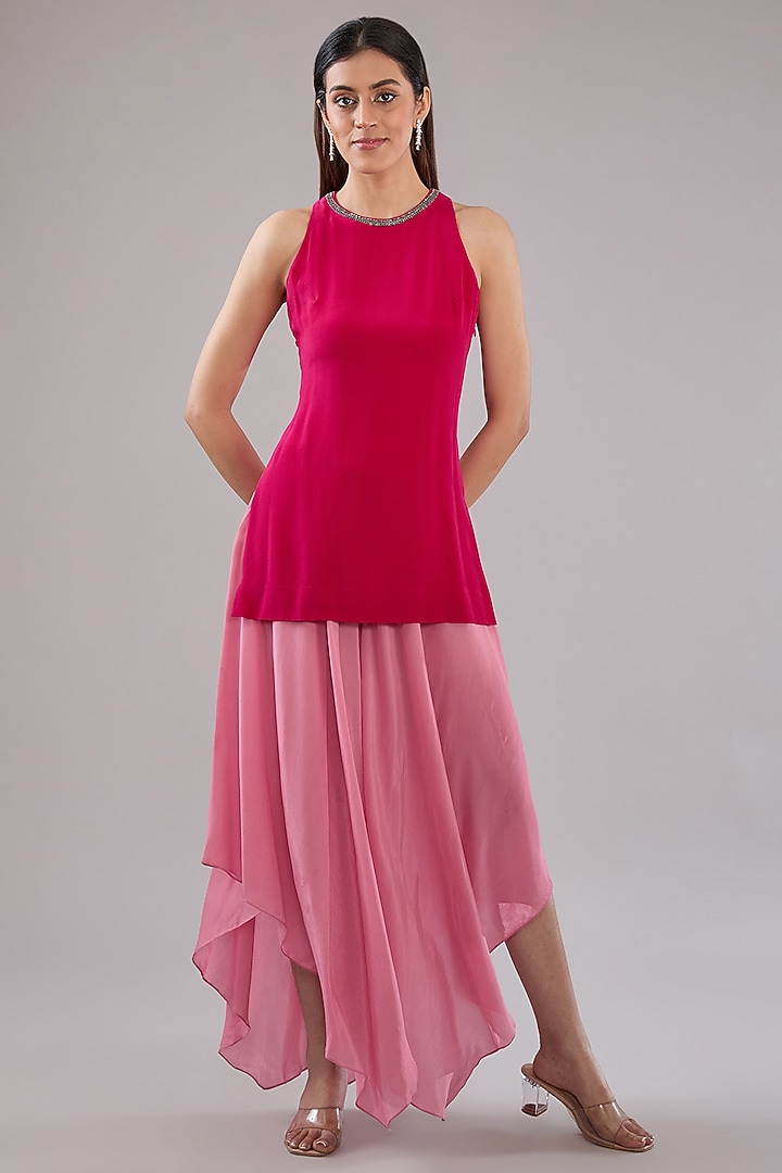 Pink Tulle Crystal Beads Embroidered Cape Set by Anjali Kanwar at Pernia's Pop Up Shop