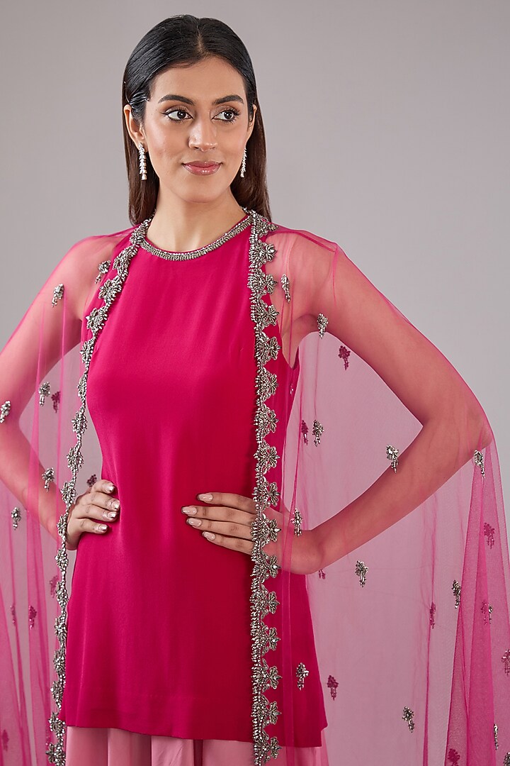 Pink Tulle Crystal Beads Embroidered Cape Set by Anjali Kanwar at Pernia's Pop Up Shop