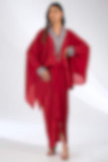 Red Silk Crepe Draped Skirt Set by Anjali Kanwar at Pernia's Pop Up Shop