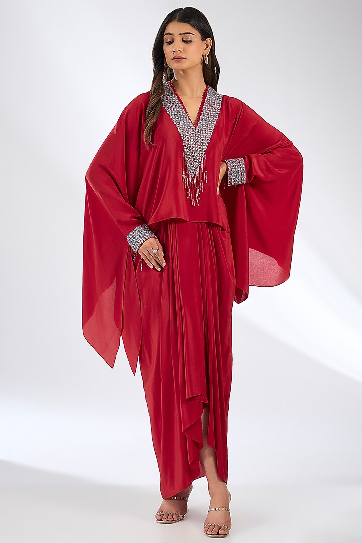 Red Silk Crepe Draped Skirt Set by Anjali Kanwar at Pernia's Pop Up Shop