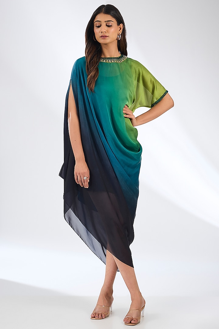 Green Poly Silk Satin Printed Tunic With Slip by Anjali Kanwar at Pernia's Pop Up Shop