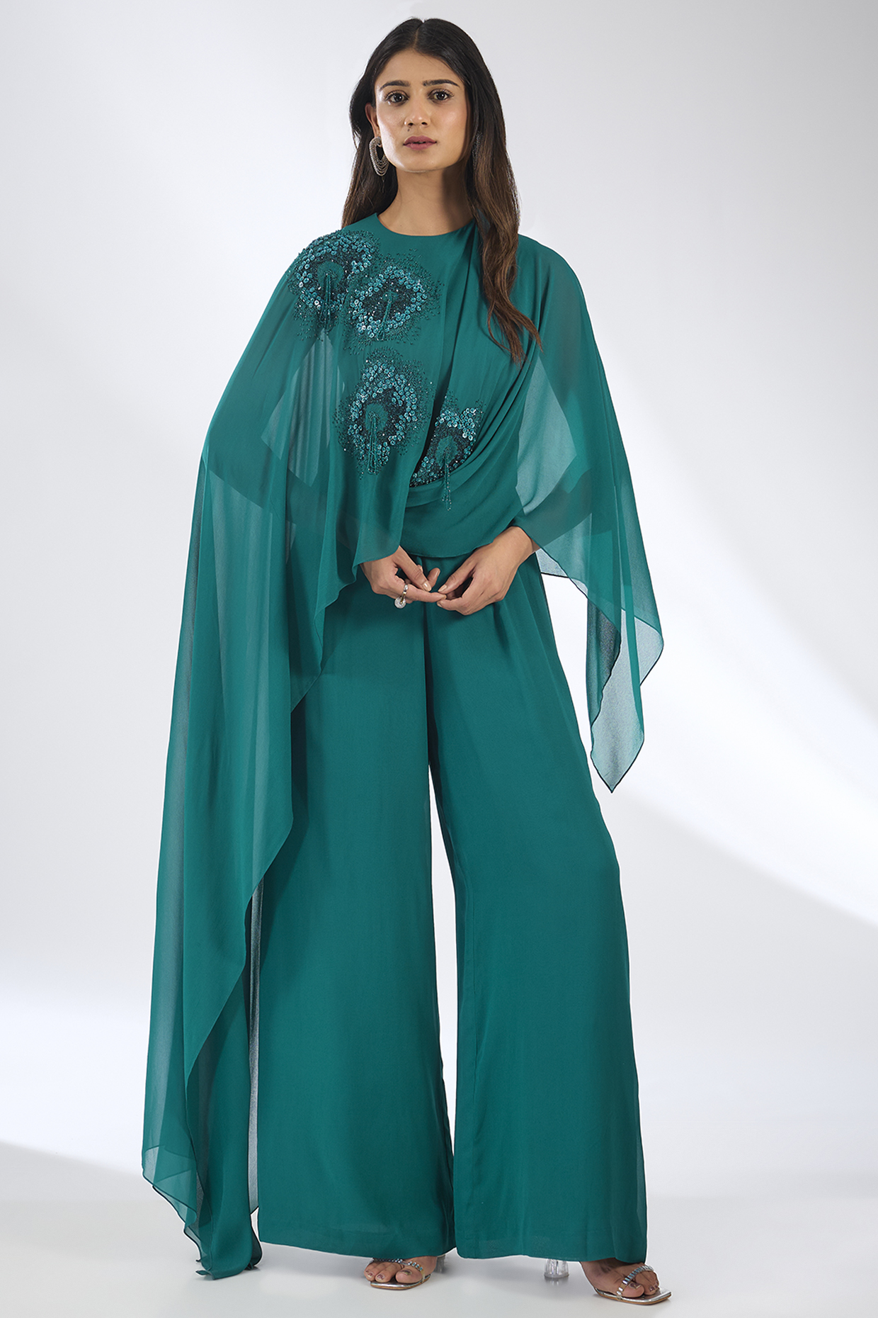 Green Viscose Georgette Embroidered Jumpsuit by Anjali Kanwar at Pernia's Pop Up Shop