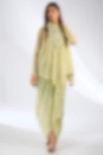 Green Viscose Crepe Draped Skirt Set by Anjali Kanwar at Pernia's Pop Up Shop