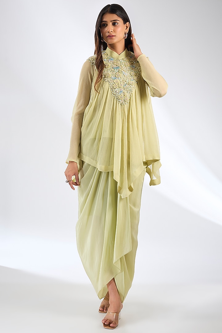 Green Viscose Crepe Draped Skirt Set by Anjali Kanwar at Pernia's Pop Up Shop
