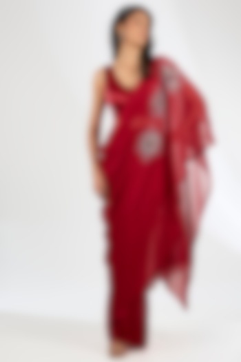 Red Viscose Georgette & Satin Hand Embroidered Cape Set by Anjali Kanwar at Pernia's Pop Up Shop