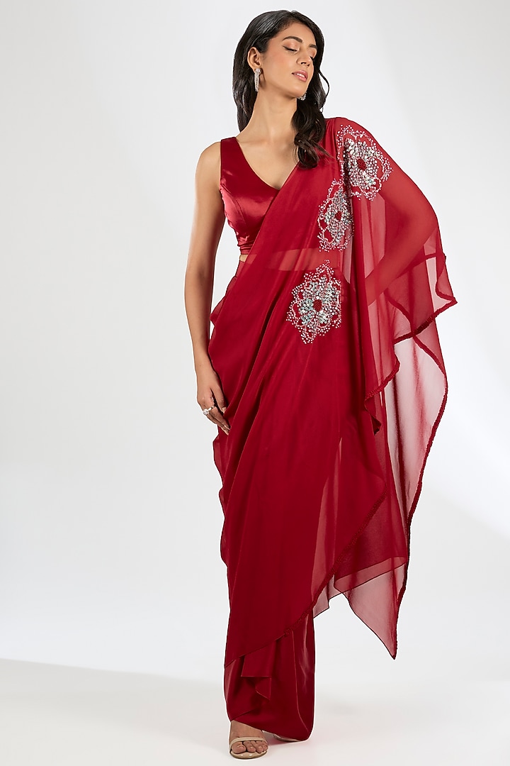 Red Viscose Georgette & Satin Hand Embroidered Cape Set by Anjali Kanwar at Pernia's Pop Up Shop