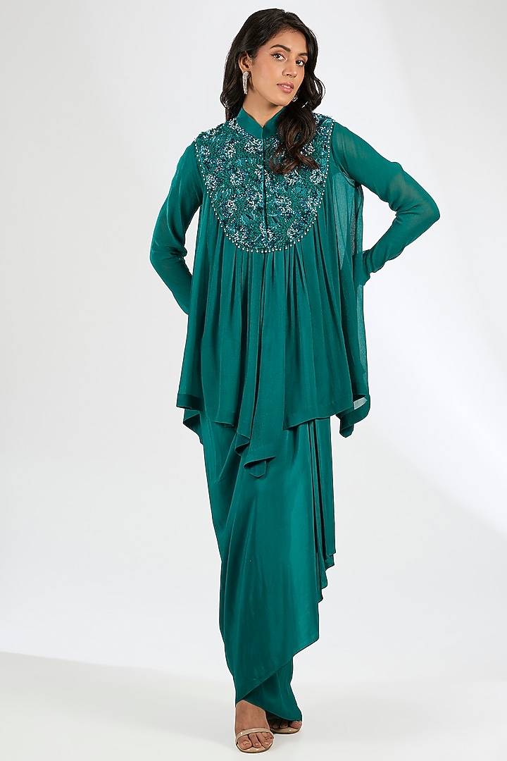 Emerald Green Viscose Chiffon Skirt Set by Anjali Kanwar at Pernia's Pop Up Shop