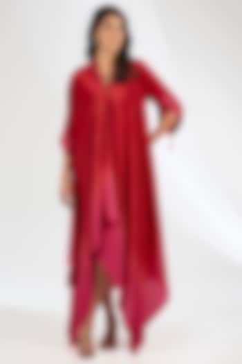 Red & Pink Ombre Silk Crepe Dori Embroidered Vacation Dress by Anjali Kanwar at Pernia's Pop Up Shop