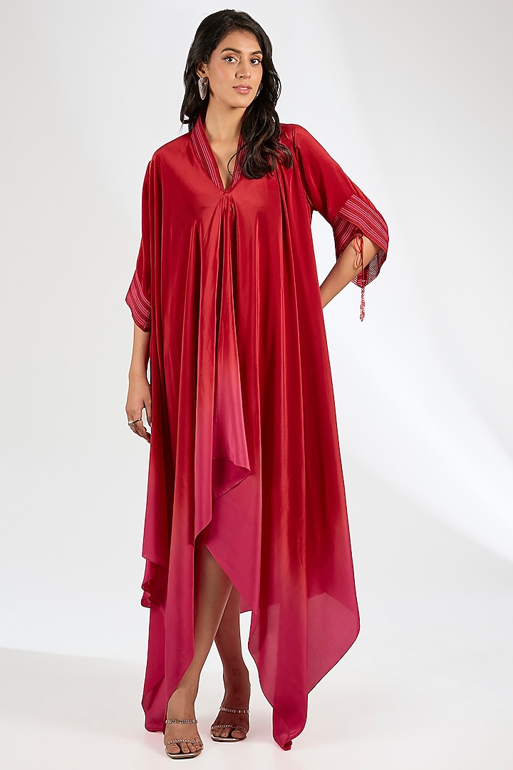 Red & Pink Ombre Silk Crepe Dori Embroidered Vacation Dress by Anjali Kanwar at Pernia's Pop Up Shop