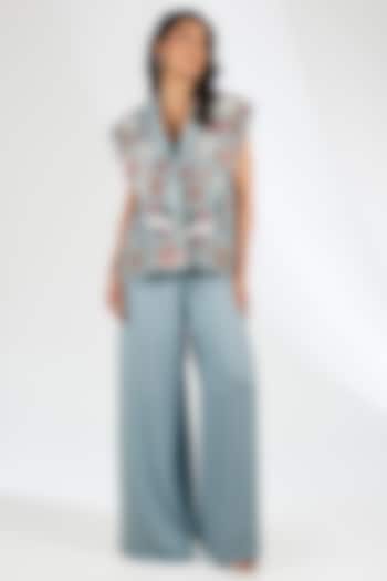 Aqua Blue Viscose Georgette Jumpsuit With Jacket by Anjali Kanwar at Pernia's Pop Up Shop