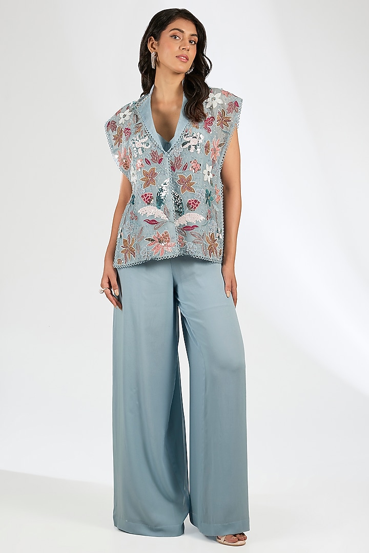 Aqua Blue Viscose Georgette Jumpsuit With Jacket by Anjali Kanwar at Pernia's Pop Up Shop