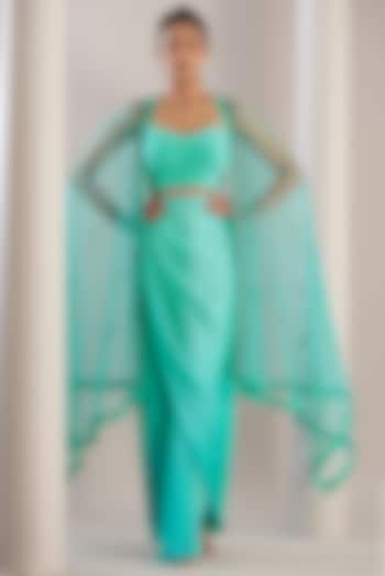 Green Tulle Embroidered Cape Set by Anjali Kanwar