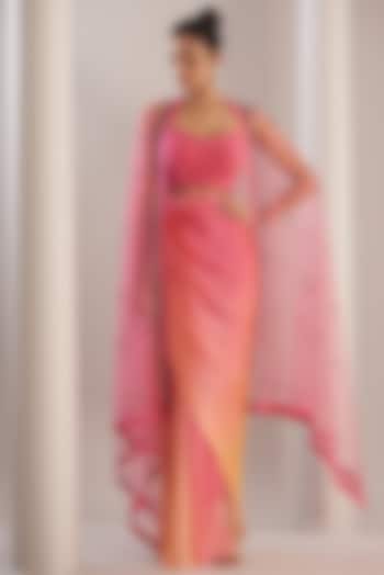 Pink Tulle Embroidered Cape Set by Anjali Kanwar