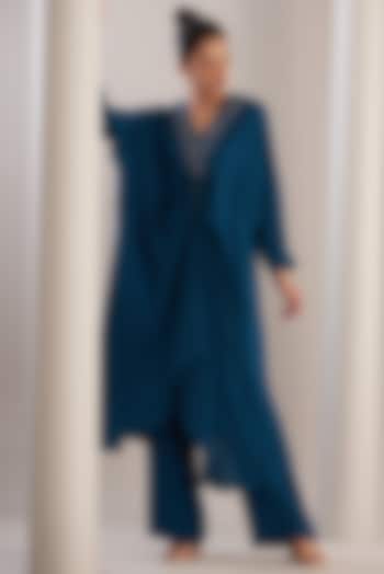 Blue Silk Embroidered Long Tunic Set by Anjali Kanwar at Pernia's Pop Up Shop