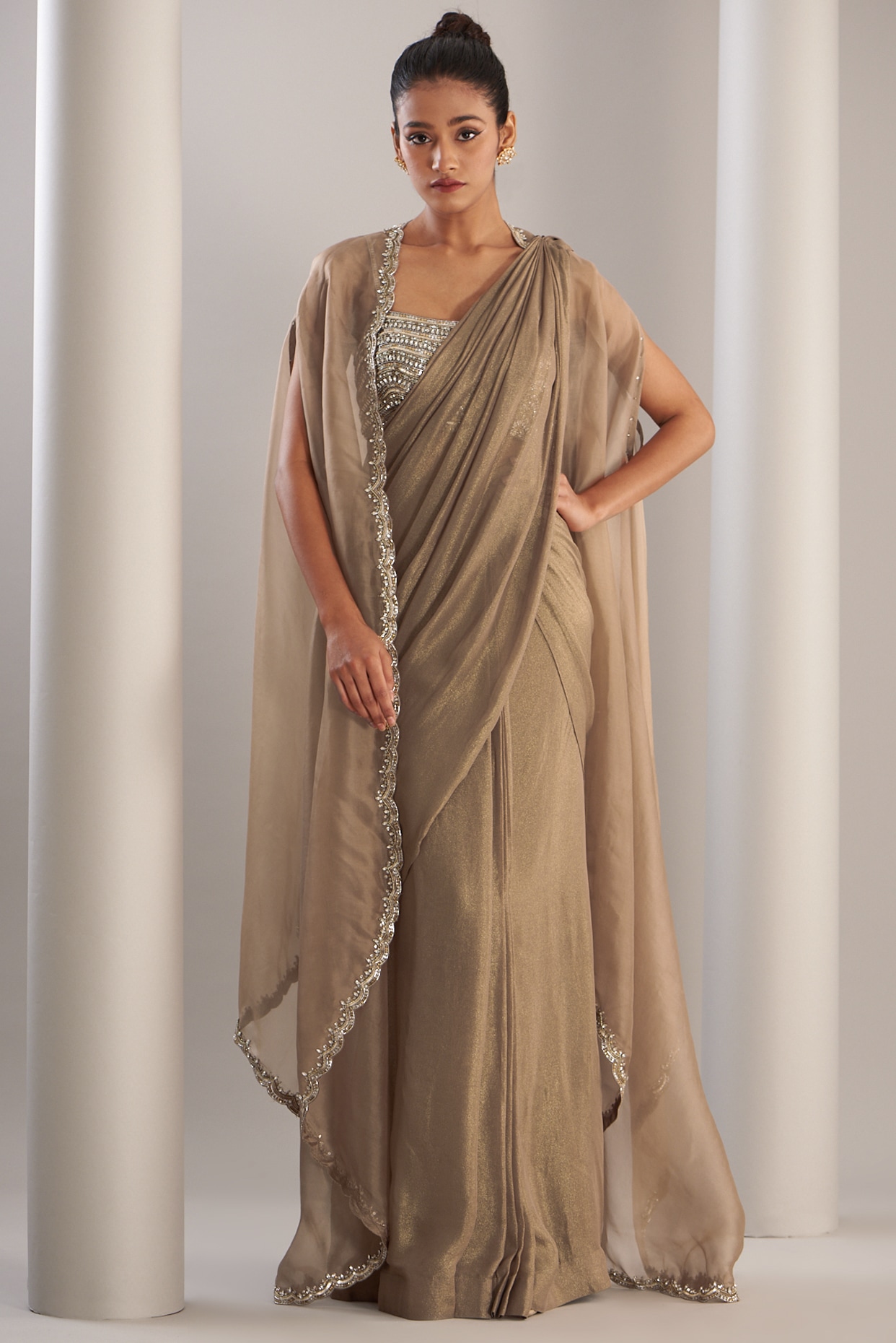 Embroidered Border Satin Georgette Shimmer Saree in Dusty Green : SFF2719