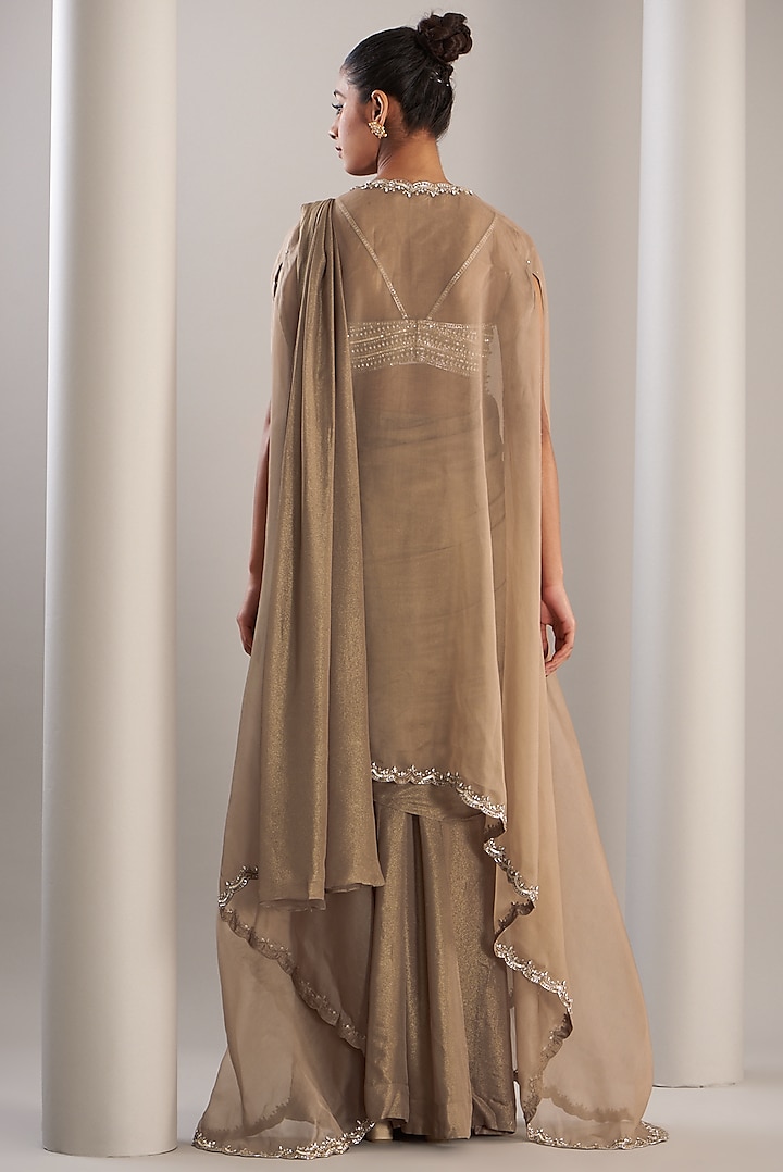 Gold Shimmer Georgette Reception Saree Set by Anjali Kanwar at Pernia's Pop Up Shop