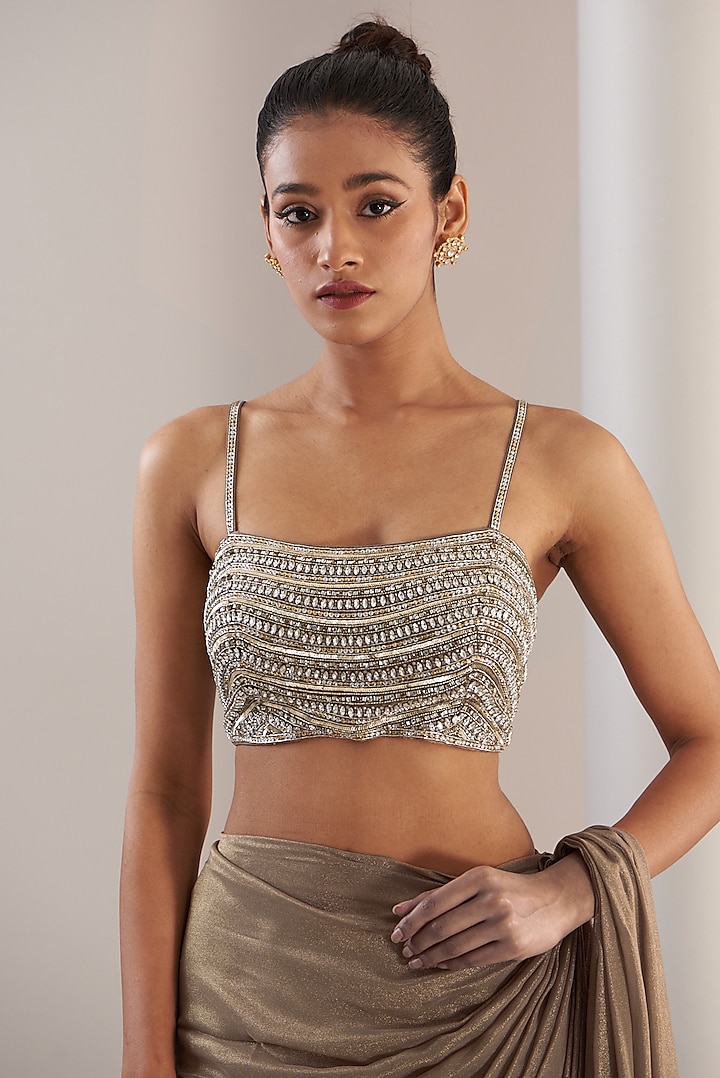 Gold Shimmer Georgette Reception Saree Set by Anjali Kanwar at Pernia's Pop Up Shop