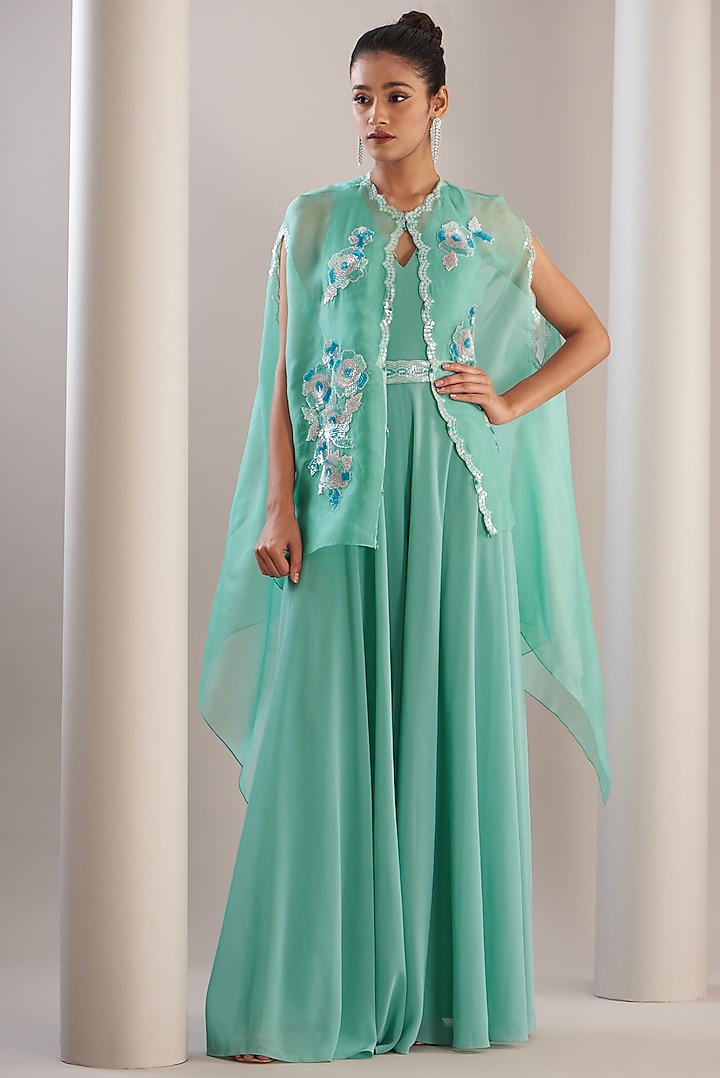 Green Polyester Crepe Jumpsuit With Embroidered Cape by Anjali Kanwar