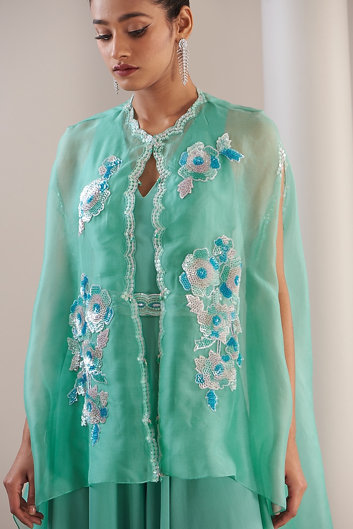 Green Polyester Crepe Jumpsuit With Embroidered Cape by Anjali Kanwar at Pernia's Pop Up Shop