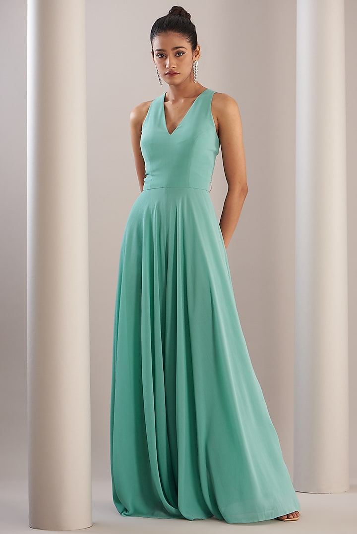 Green Polyester Crepe Jumpsuit With Embroidered Cape by Anjali Kanwar at Pernia's Pop Up Shop