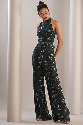 Green Silk Printed Jumpsuit by Anjali Kanwar