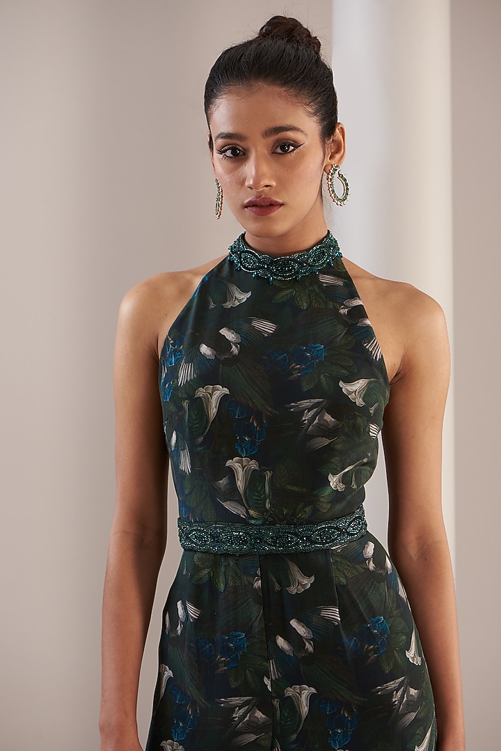 Green Silk Printed Jumpsuit by Anjali Kanwar at Pernia's Pop Up Shop