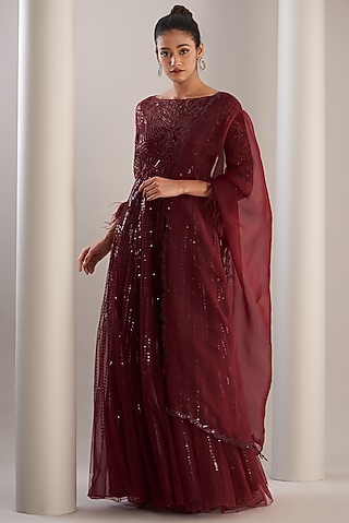 Red Tulle Embroidered Anarkali Set by Anjali Kanwar