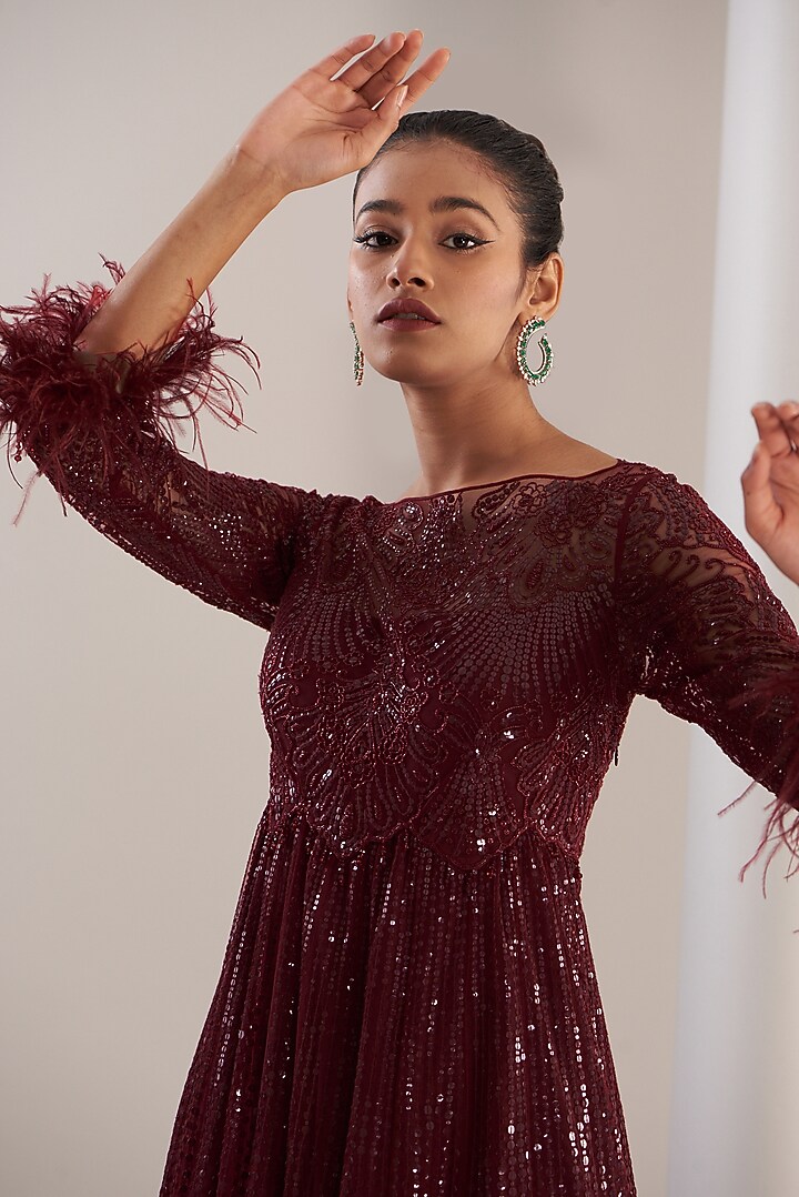 Red Tulle Embroidered Wedding Anarkali Set by Anjali Kanwar at Pernia's Pop Up Shop