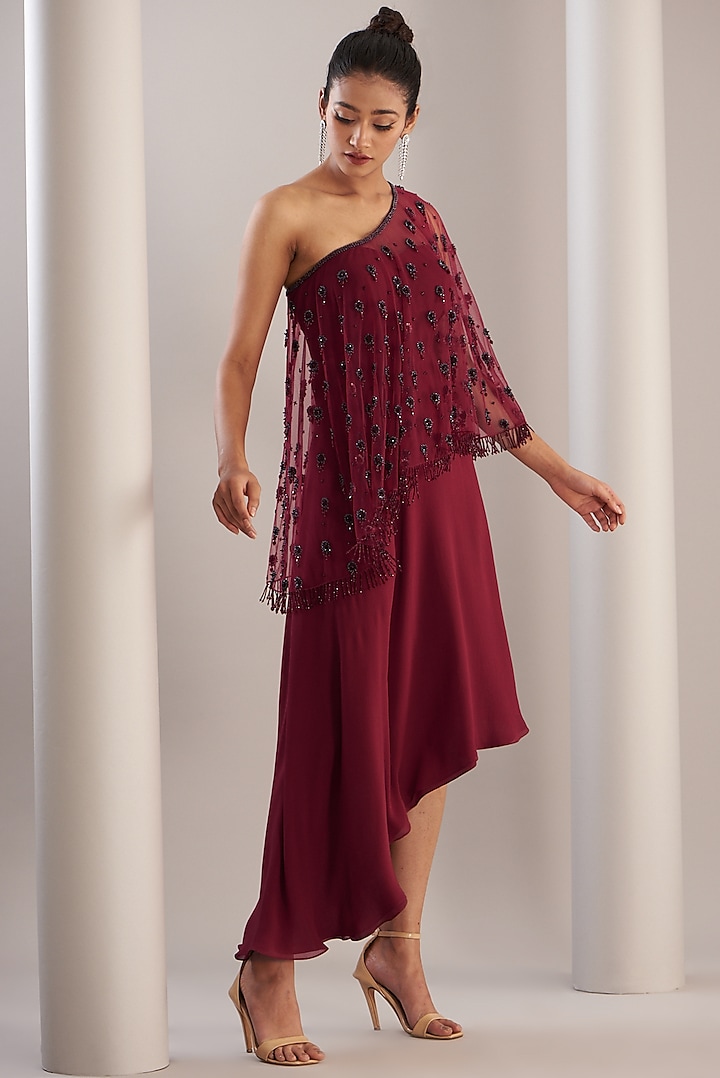 Red Silk Embroidered Off-Shoulder Dress by Anjali Kanwar
