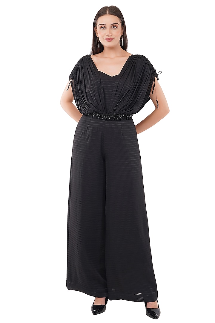 Black Polyester Geometric Printed Jumpsuit With Belt by Anjali Kanwar at Pernia's Pop Up Shop