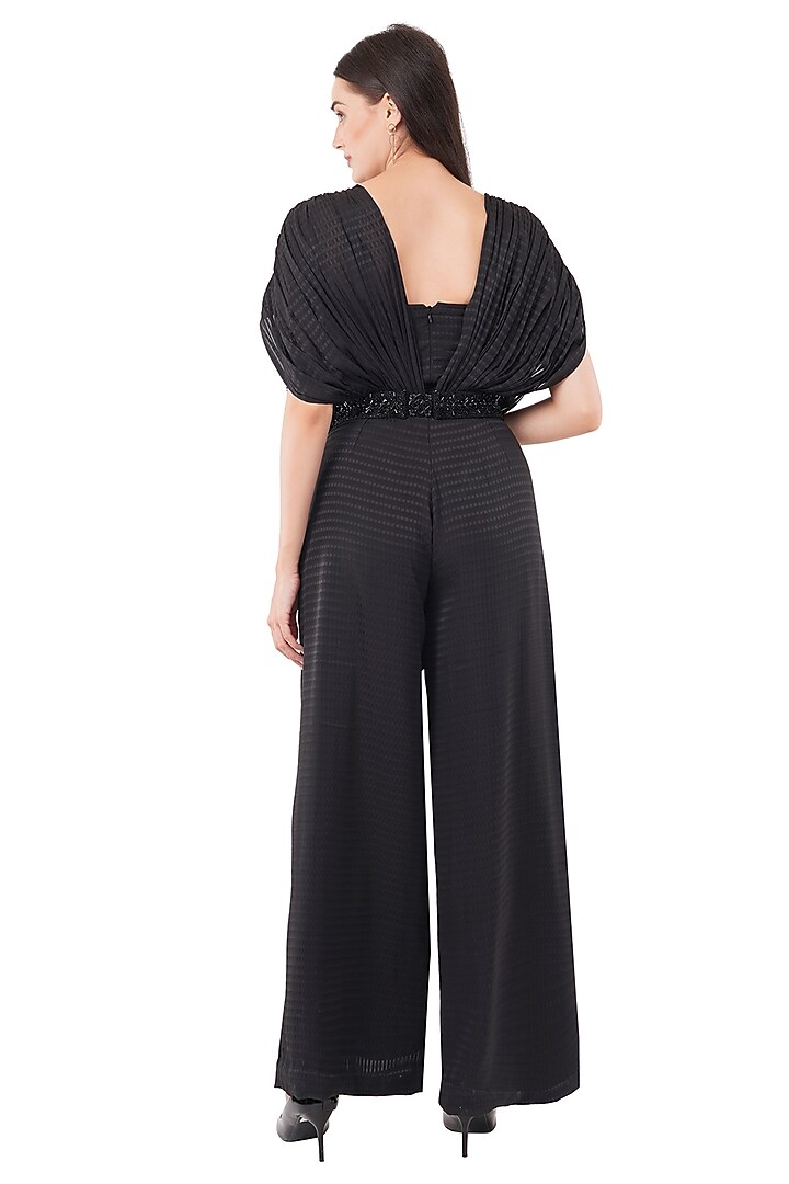 Black Polyester Geometric Printed Jumpsuit With Belt by Anjali Kanwar at Pernia's Pop Up Shop
