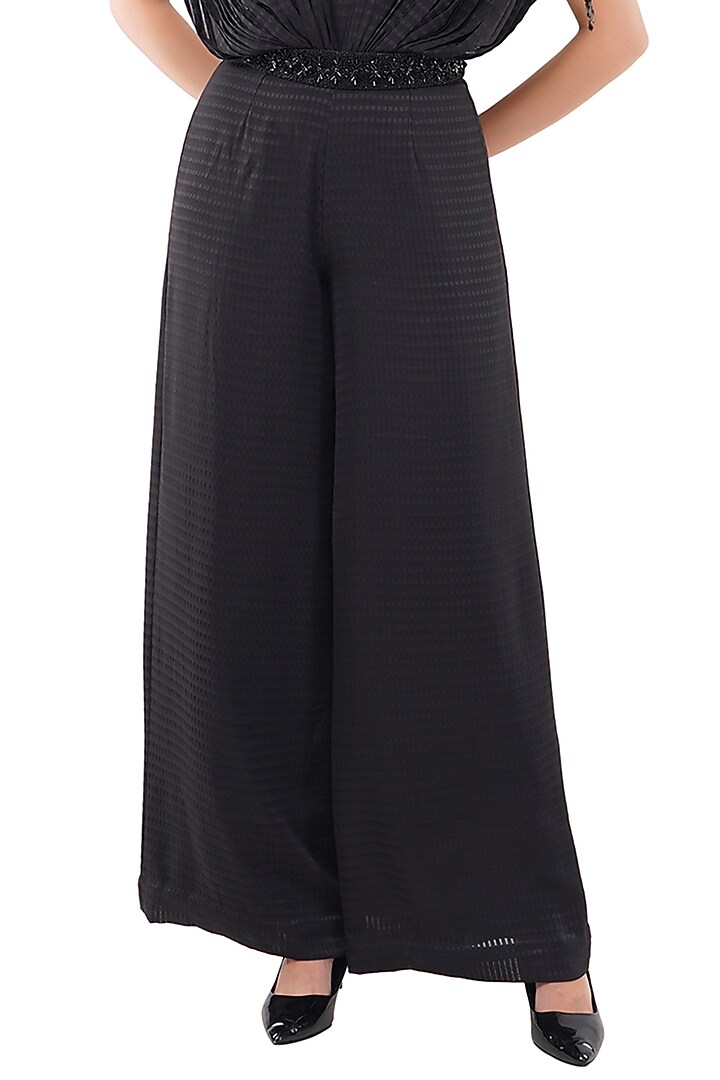 Black Polyester Geometric Printed Jumpsuit With Belt by Anjali Kanwar at Pernia's Pop Up Shop