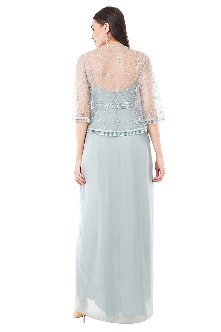 Green Georgette Embroidered Jacket Cocktail Dress by Anjali Kanwar at Pernia's Pop Up Shop