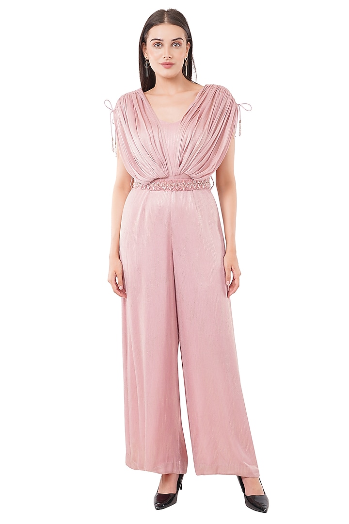 Pink Viscose Geometric Printed Jumpsuit With Belt by Anjali Kanwar at Pernia's Pop Up Shop