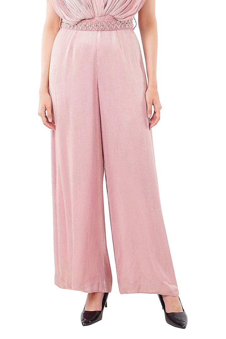Pink Viscose Geometric Printed Jumpsuit With Belt by Anjali Kanwar at Pernia's Pop Up Shop