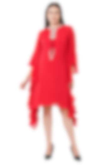 Red Viscose & Chiffon Pearl Embroidered Kaftan Dress by Anjali Kanwar at Pernia's Pop Up Shop