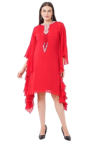 Red Viscose & Chiffon Pearl Embroidered Kaftan Dress by Anjali Kanwar