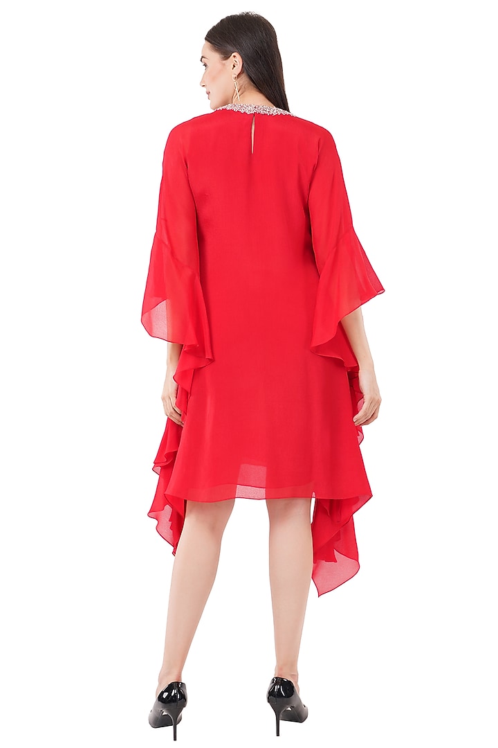 Red Viscose & Chiffon Pearl Embroidered Kaftan Vacation Dress by Anjali Kanwar at Pernia's Pop Up Shop