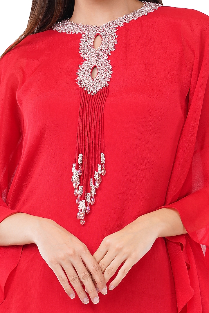 Red Viscose & Chiffon Pearl Embroidered Kaftan Vacation Dress by Anjali Kanwar at Pernia's Pop Up Shop