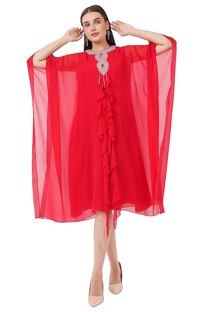 Red Viscose & Chiffon Pearl Embroidered Kaftan by Anjali Kanwar at Pernia's Pop Up Shop